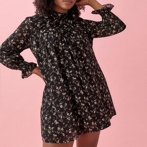 NWT Reformation Jourdan Black Floral Dress Long Sleeve Mini Dress Size S